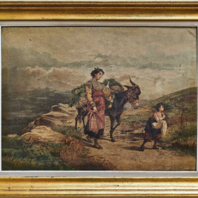 Starožitný tisk na plátně – venkovská scéna s ženou, dítětem a oslem ve zlaceném rámu 81 × 103 cm