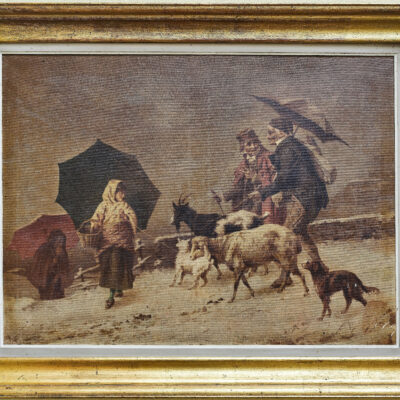 Starožitný tisk na plátně – venkovská zimní scéna s pastevci, kozami a ovcemi ve zlaceném rámu 81 × 103 cm