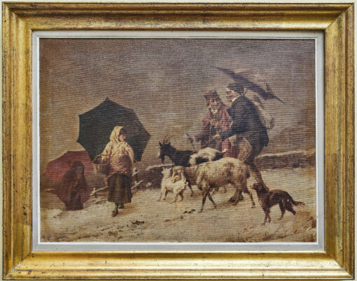 Starožitný tisk na plátně – venkovská zimní scéna s pastevci, kozami a ovcemi ve zlaceném rámu 81 × 103 cm