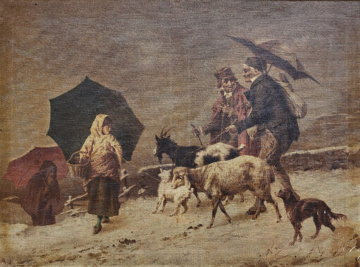 Starožitný tisk na plátně – venkovská zimní scéna s pastevci, kozami a ovcemi ve zlaceném rámu 81 × 103 cm – Bild 10