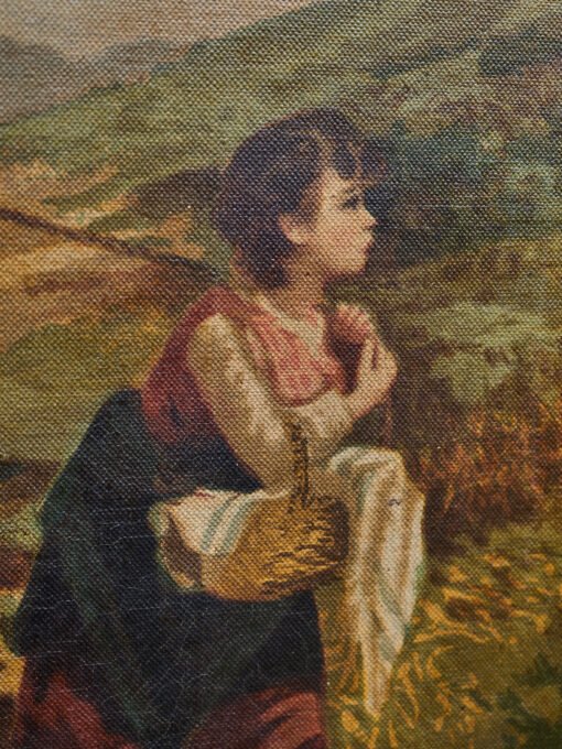Starožitný tisk na plátně – venkovská scéna s ženou, dítětem a oslem ve zlaceném rámu 81 × 103 cm – Bild 5