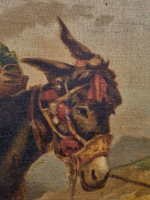 Starožitný tisk na plátně – venkovská scéna s ženou, dítětem a oslem ve zlaceném rámu 81 × 103 cm – Bild 4