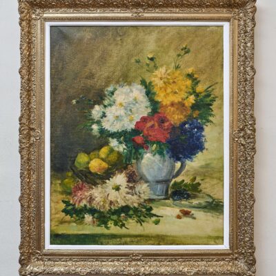 Großes Bild mit Blumenstillleben, unterzeichnet