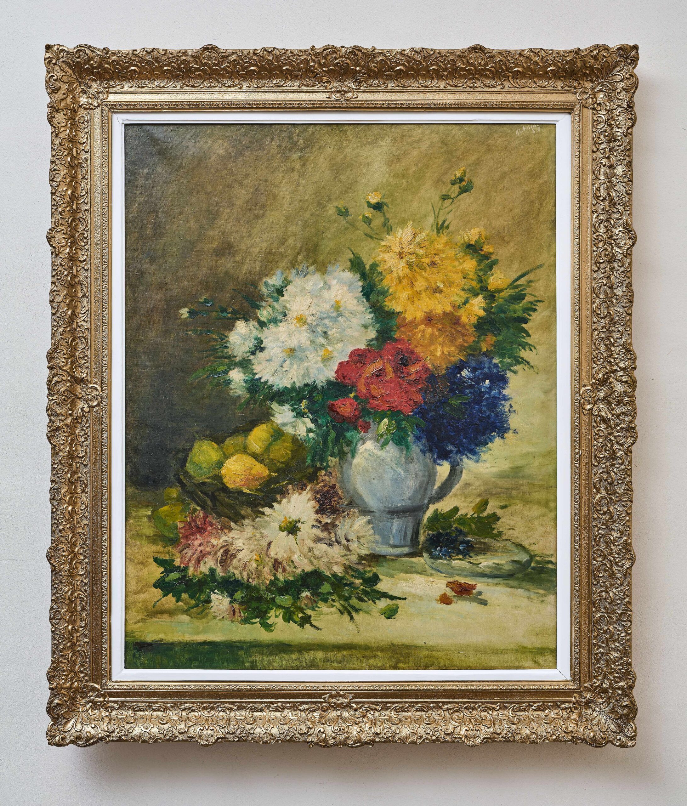 Großes Bild mit Blumenstillleben, unterzeichnet