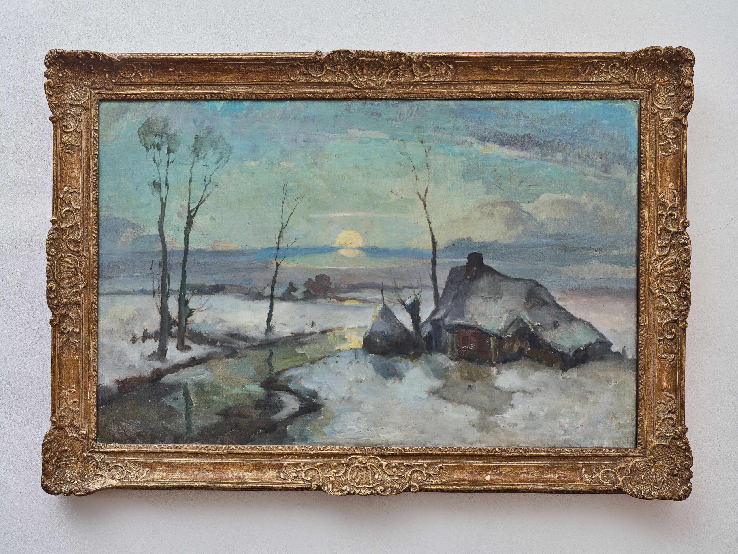 Winterlandschaft mit einem Häuschen, Ölgemälde